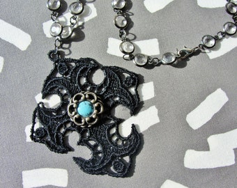 Black Heirloom Lace Embroidered Cross Pendant Pewter Marbleized Button 22" Gunmetal Chain