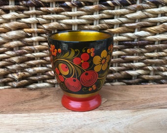 USSR Hand Painted Floral Wooden Khokhloma Art Cup 1984