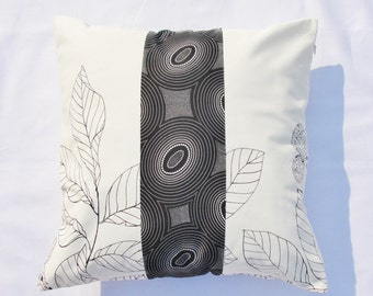 White Leaves Decorative Pillow Cover Home Dec Fabric 19 inch square Invisible Zipper Black