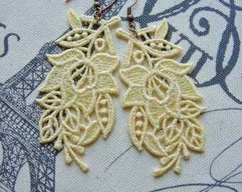 Spring Pastel Yellow Daffodil Heirloom Lace Embroidered Earrings Copper Earwires & Jumprings