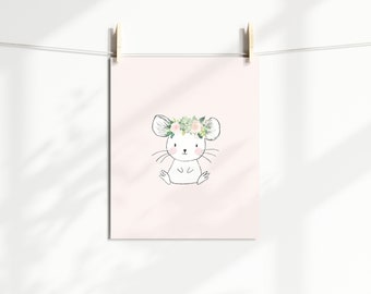 Pink Mouse Wall Art Print for Blush Pink Woodland Nursery or Baby Girl Nursery