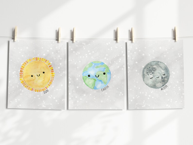 Watercolor Outer Space Wall Art Print for Gender Neutral or image 1