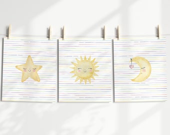 Watercolor Sun Moon and Star Wall Art Prints for Gender Neutral Nursery or Outer Space Nursery