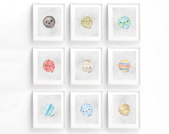 Watercolor Outer Space Wall Art for Baby Boy Nursery or Gender Neutral Nursery featuring the Solar System