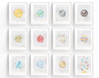 Watercolor Outer Space Wall Art for Gender Neutral or Baby Boy Nursery featuring the Solar System