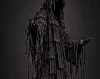 Czarny średniowieczny płaszcz z kapturem, szata Żniwiarza, kostium w stylu dark fantasy, peleryna mnicha renesansu, kostium LARP