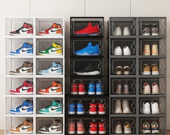 Paquete de 12 cajas transparentes para guardar zapatos, apilables, para exhibir zapatillas, organizadores de armario plegables, contenedores de plástico para zapatos, estante conectable.