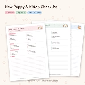May include: A digital New Puppy & Kitten Checklist printable PDF set featuring three color-coded pages with checkboxes for shopping, admin, and pet-proofing tasks. Each page includes a small illustrated dog or cat icon at the top.