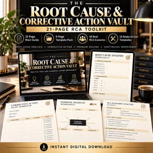 May include: The Root Cause & Corrective Action Vault 21-page RCA toolkit includes a 12-page main guide, 9-page template pack, 18 real RCA scenarios, and 14 ready-to-use templates. Documents include a root cause analysis worksheet, corrective action plan template, fishbone diagram worksheet, and an RCA scenario analysis example.