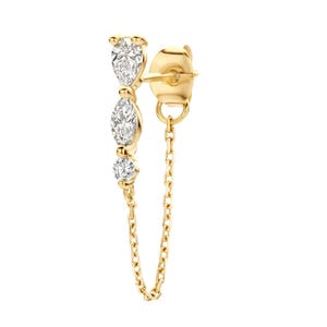 14K Gold Lab Grown Diamond Chain Earring, Multi Stone Ear Connector Stud, Pear & Marquise Cartilage Chain, Helix Conch Piercing Jewelry