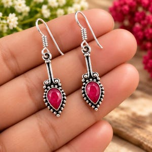 925 Sterling Silver Red Ruby Gemstone Dangle Earrings, Pear Cut Red Stone Earrings, Vintage Boho Silver Jewelry, Elegant Gift for Her