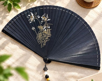 Black Lotus Bamboo Folding Fan, Midnight Blue Floral Design, Tassel (31cm Open)