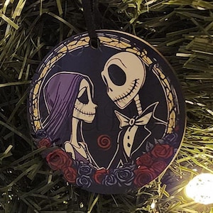 Jack and Sally Ornament - 2.75&quot; Round MDF Wood