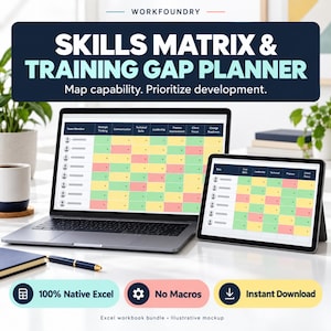May include: A laptop and tablet displaying a Skills Matrix & Training Gap Planner spreadsheet with color-coded cells in green, yellow, and red. The screen shows columns for team members and skills. Text includes 100% Native Excel, No Macros, and Instant Download.
