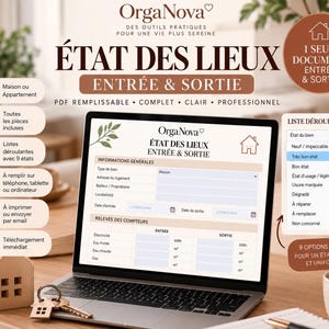 Peut inclure: Un formulaire numérique d'état des lieux pour location affiché sur un écran d'ordinateur portable, intitulé État des Lieux Entrée & Sortie. Il comprend des sections pour les informations générales, les relevés de compteurs et un menu déroulant.