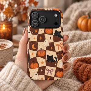 Halloween Phone Case With Black Cats and Ghosts, Brown Checkerboard Design for iPhone and Samsung