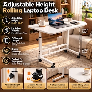 May include: An adjustable height rolling laptop desk with a white rectangular tabletop and a white metal frame. The desk features lockable wheels and a C-shaped design, with a height range of 23.62 inches to 35.43 inches for versatile use.