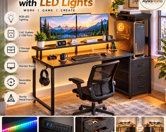 Gaming Computer Desk with LED Lights, Power Outlets, 3 Storage Drawers & Monitor Stand