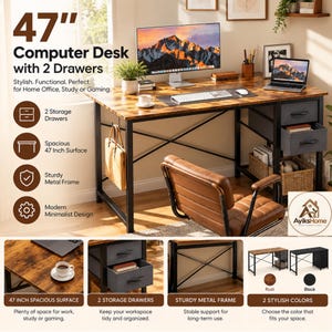 May include: A 47-inch computer desk featuring a wood-grain surface, a black metal frame with cross-bracing, and two grey fabric storage drawers. The desk includes a side hook for accessories and an open shelf area for storage beneath the workspace.