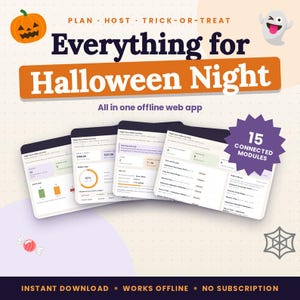 May include: A digital Halloween party planner web app interface featuring four overlapping screen views. Text includes Everything for Halloween Night, 15 CONNECTED MODULES, PLAN, HOST, TRICK-OR-TREAT, and All in one offline web app.