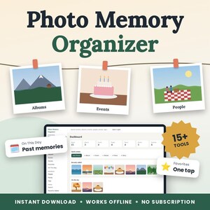 May include: A digital Photo Memory Organizer dashboard interface featuring three hanging photo prints labelled Albums, Events, and People. The screen displays a dashboard with a 15+ tools badge, a Favorites one tap button, and a Past memories section.
