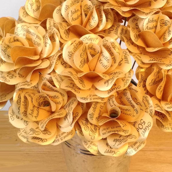 Gold 50th Anniversary 50th Birthday Decoration or Gift  Metallic Gold Paper Roses with Personalized Print  Wedding Shower  Set of 12