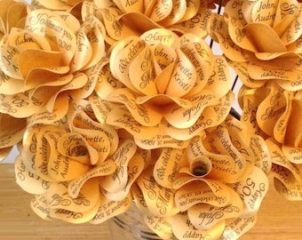 Gold 50th Anniversary 50th Birthday Decoration or Gift  Metallic Gold Paper Roses with Personalized Print  Wedding Shower  Set of 12