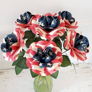 Stars and Stripes Americana Paper Roses US Flag Inspired for Patriotic Holidays Flag Day, Memorial Day or 4th of July Set of 6 or 12 w Stems