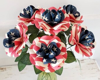 Stars and Stripes Americana Paper Roses US Flag Inspired for Patriotic Holidays Flag Day, Memorial Day or 4th of July Set of 6 or 12 w Stems