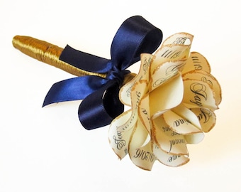 Gold and Navy Blue Wedding Guestbook Marker or Pen Topped with Personalized Cream Colored Paper Rose with Navy Blue Print and Gold Edges