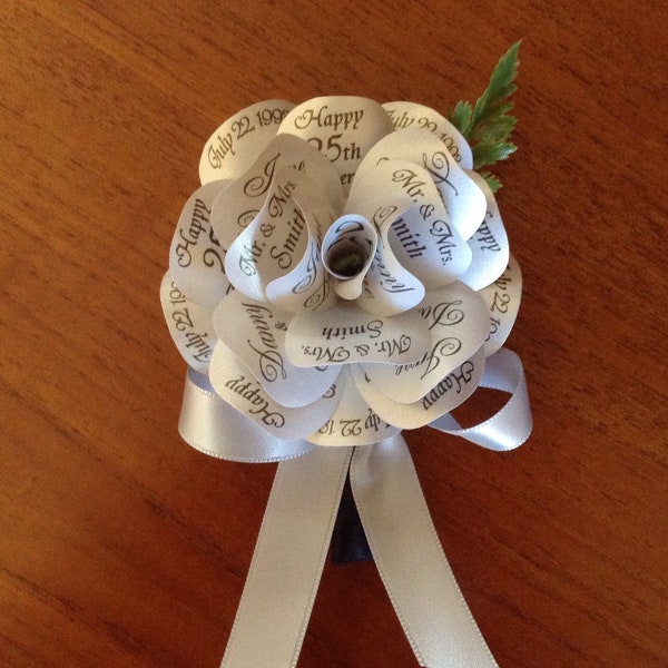 Metallic Silver Paper Rose Boutonnière with Personalized Print for 25th aka Silver Anniversary, Weddings, Proms, Retirement, Any Occasion