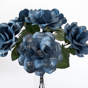 Denim and Diamonds Party Decoration or Favor Blue Denim Paper Roses with Personalized Print and 14 inch stems Set of 6 image 5