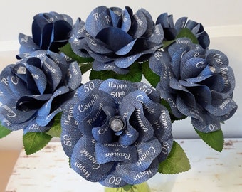 Denim and Diamonds Party  Decoration or Favor Blue Denim Paper Roses with Personalized Print and 14 inch stems Set of 6