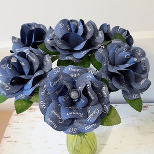 Denim and Diamonds Party Decoration or Favor Blue Denim Paper Roses with Personalized Print and 14 inch stems Set of 6 image 1