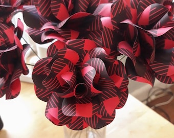 Red Buffalo Check Plaid Paper Roses with Green Wire Stems or Twine Loop for Hanging Set of 6