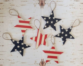 Americana Stars and Stripes Star Shaped Ornaments with Twine Loop for Hanging 4" Diameter Set of 6