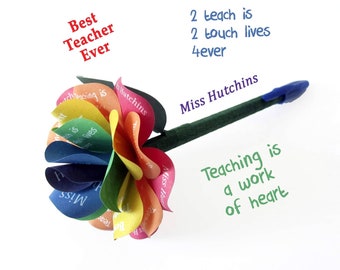 Personalized Teacher Appreciation Gift  Paper Rose Topped Pen with Teacher's Name and Teaching Quotes