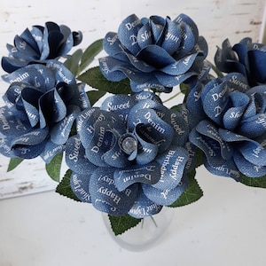 Denim and Diamonds Party Decoration or Favor Blue Denim Paper Roses with Personalized Print and 14 inch stems Set of 6 image 2