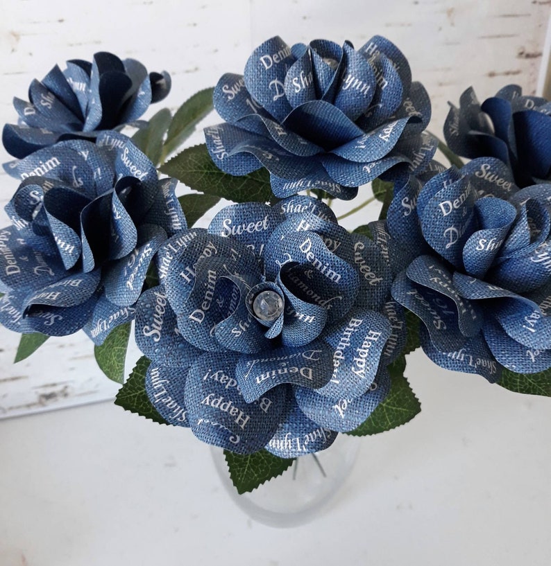 Denim and Diamonds Party Decoration or Favor Blue Denim Paper Roses with Personalized Print and 14 inch stems Set of 6 image 2