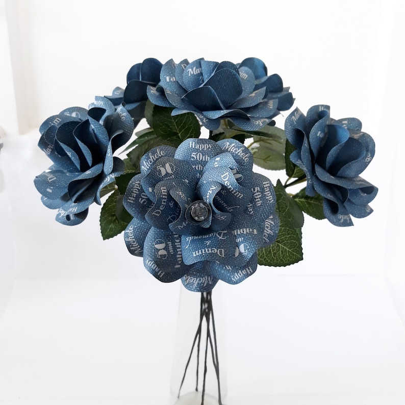 Denim and Diamonds Party Decoration or Favor Blue Denim Paper Roses with Personalized Print and 14 inch stems Set of 6 image 5