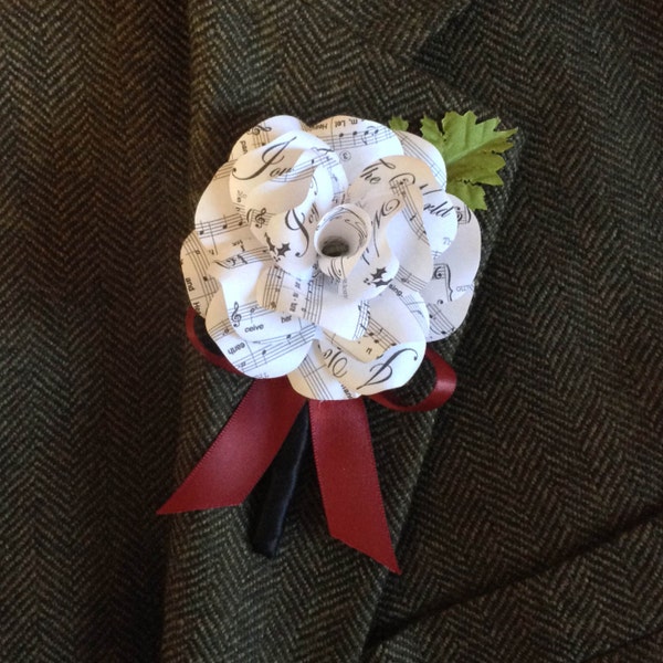 Sheet Music Paper Rose Boutonniére for Weddings and Proms Cream or White Rose