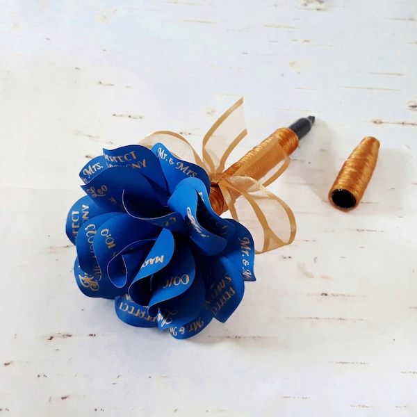 Guest Book Pen or Marker Royal Blue and Gold Paper Rose Pen or Sharpie Personalized for Weddings, Bridal Showers, All Special Occasions