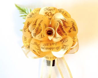 Metallic Gold Paper Rose Boutonnière with Personalized Print for Golden Anniversaries, Weddings, Proms, Retirement, Any Occasion