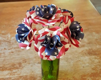 Americana Stars and Stripes USA Flag Paper Roses with Stems for Flag Day, Memorial Day, 4th of July Sets of 6 or 12