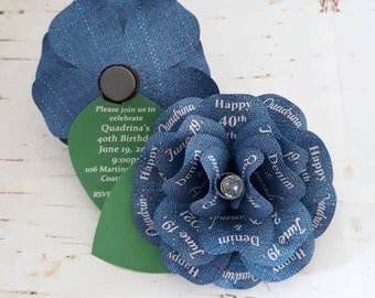 Denim and Diamonds Paper Rose Invitation for Birthdays, Sweet 16, Shower with Magnet and Corrugated Mailer