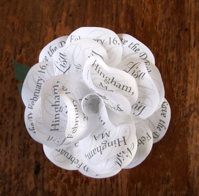 Save the Date Wedding Invitation White Paper Rose Magnet With Personalized Gray Print and White Corrugated Mailer