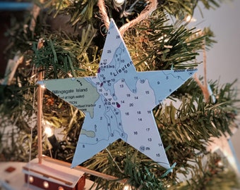 Nautical Chart Star Shaped Ornaments for Beach Lovers and Coastal Christmas Tree Decor Set of 6