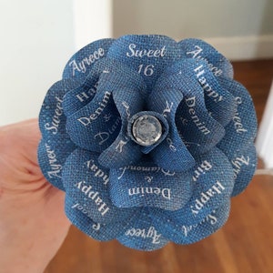 Denim and Diamonds Party Decoration or Favor Blue Denim Paper Roses with Personalized Print and 14 inch stems Set of 6 image 3