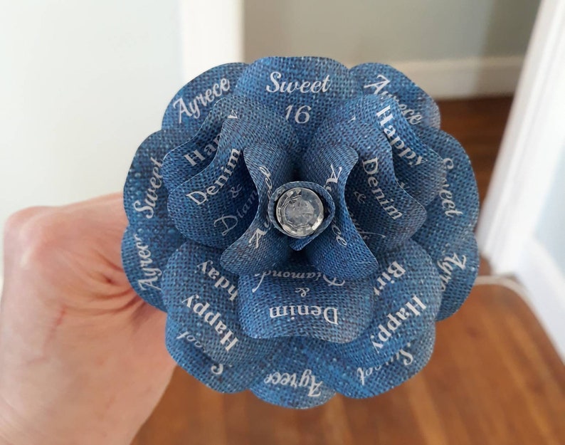 Denim and Diamonds Party Decoration or Favor Blue Denim Paper Roses with Personalized Print and 14 inch stems Set of 6 image 3