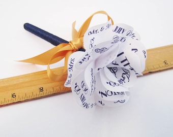 Wedding Pen White Paper Rose Pen with Personalized Navy  Print and Gold Bow. Wrapped in Navy  Silk Cord Customize for Any Occasion